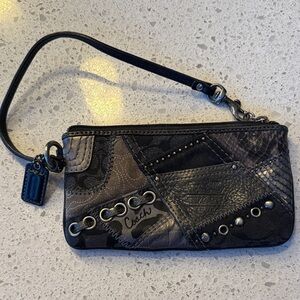 Coach Black and Gray Patchwork Leather Wristlet